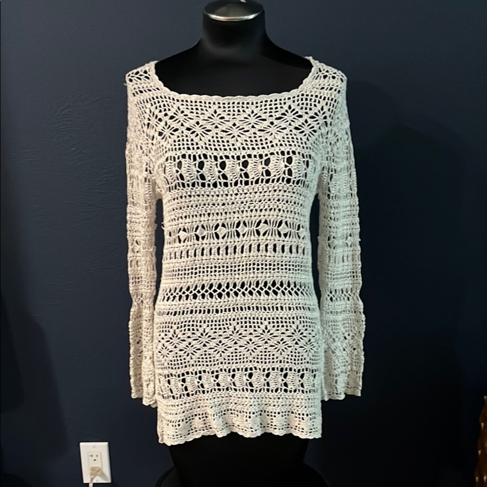 Context Crochet linen knit tunic top swim coverup boat neck boho sz XS